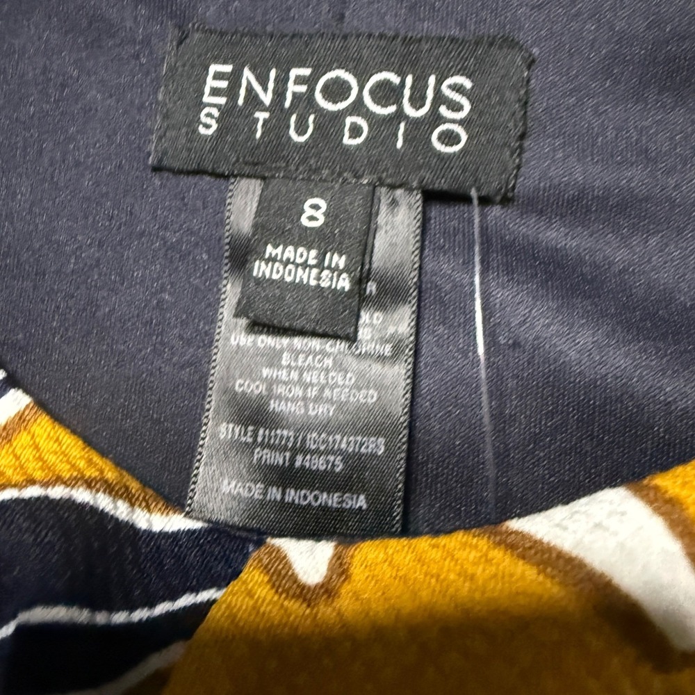 EnFocus Studio Womens 8 Tropical Palm Leaf Print A-Line Dress Mustard Navy NWT - Picture 3 of 7